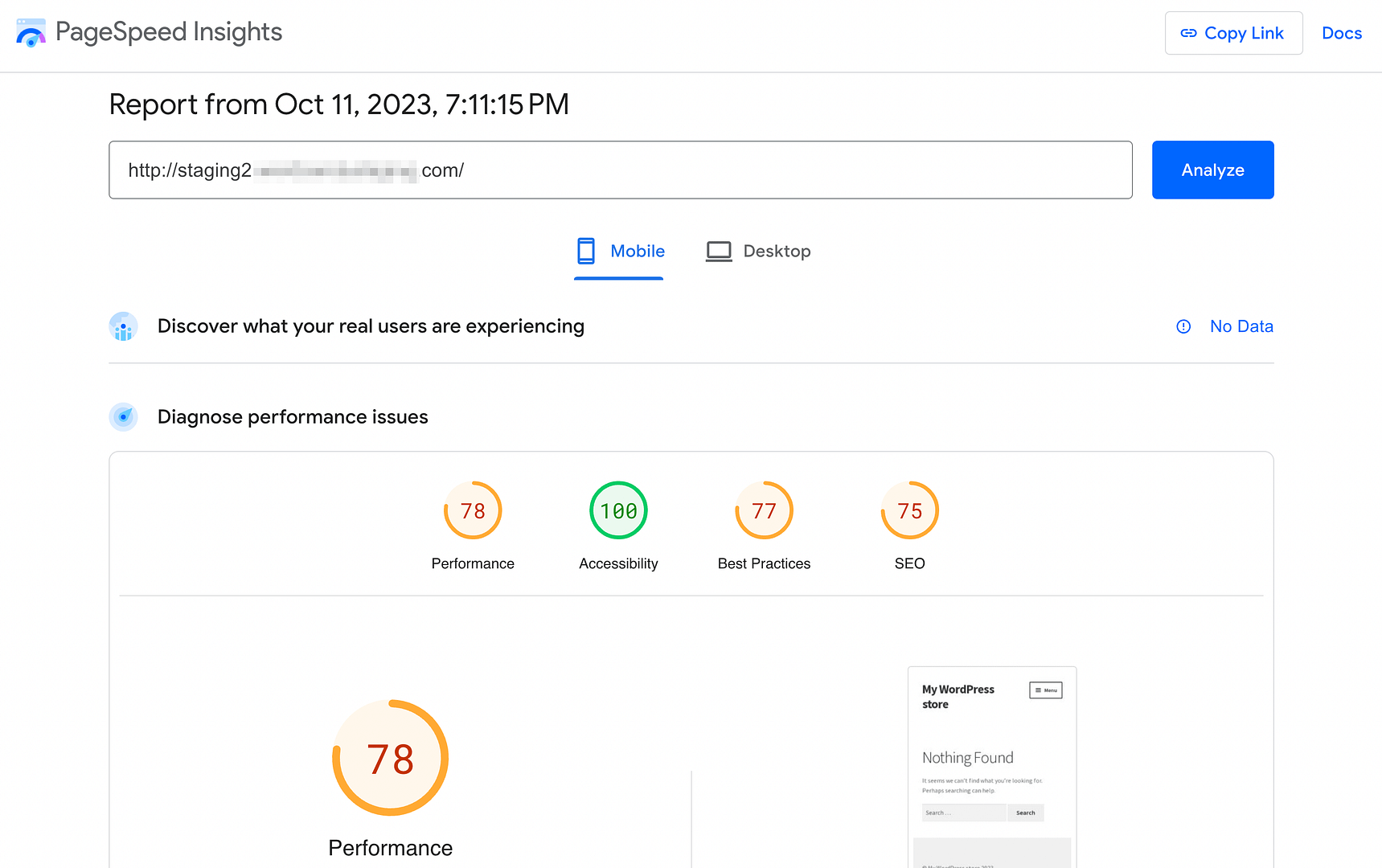 PageSpeed Insights scores for smush site.