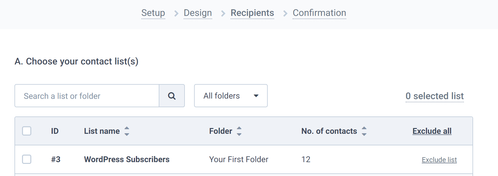 Selecting which email list to target.