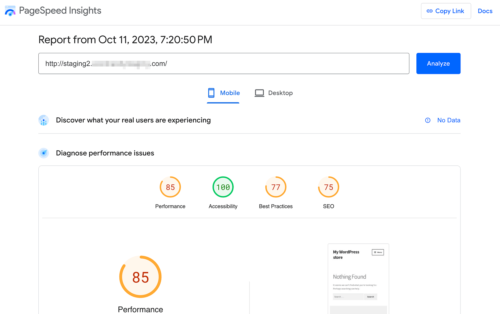 Performance score for Optimole site.
