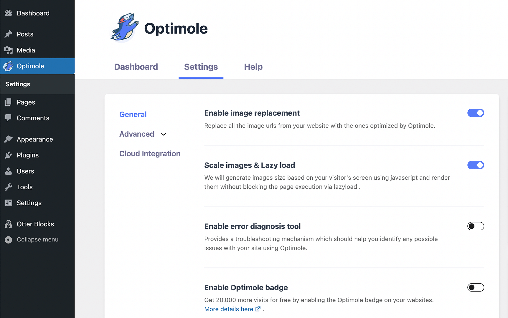 Optimole's general settings.