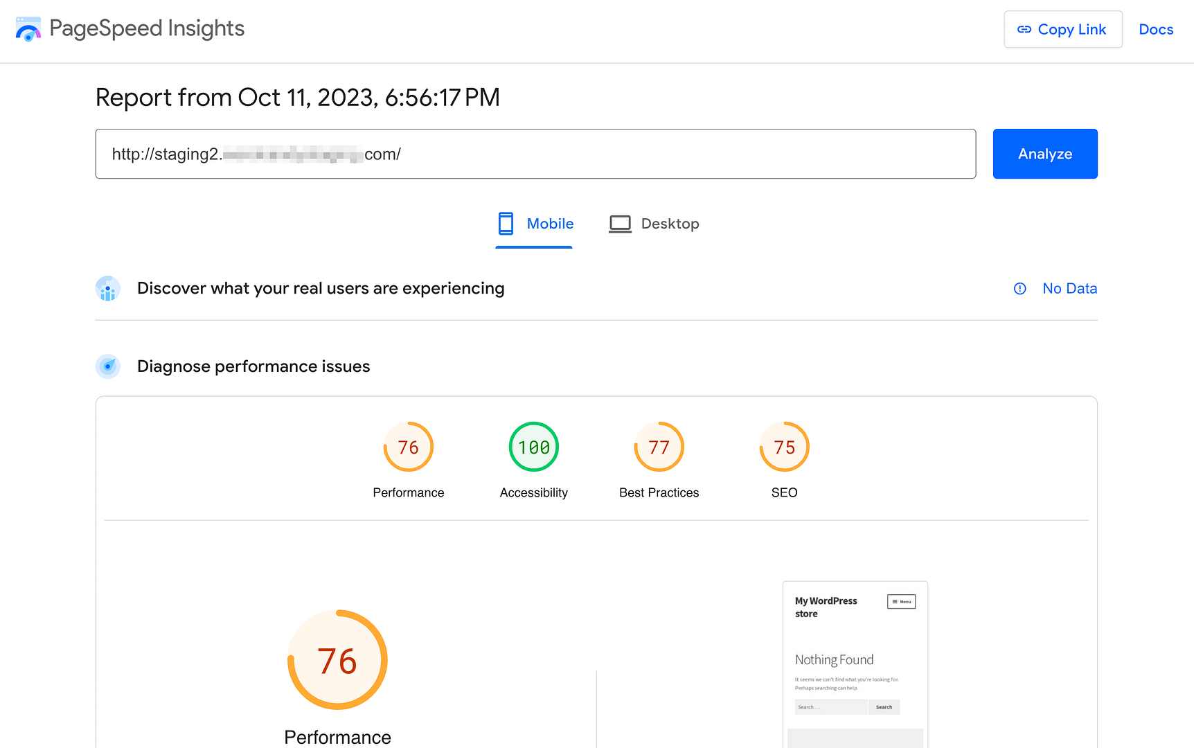 Baseline performance scores for a WordPress staging site.