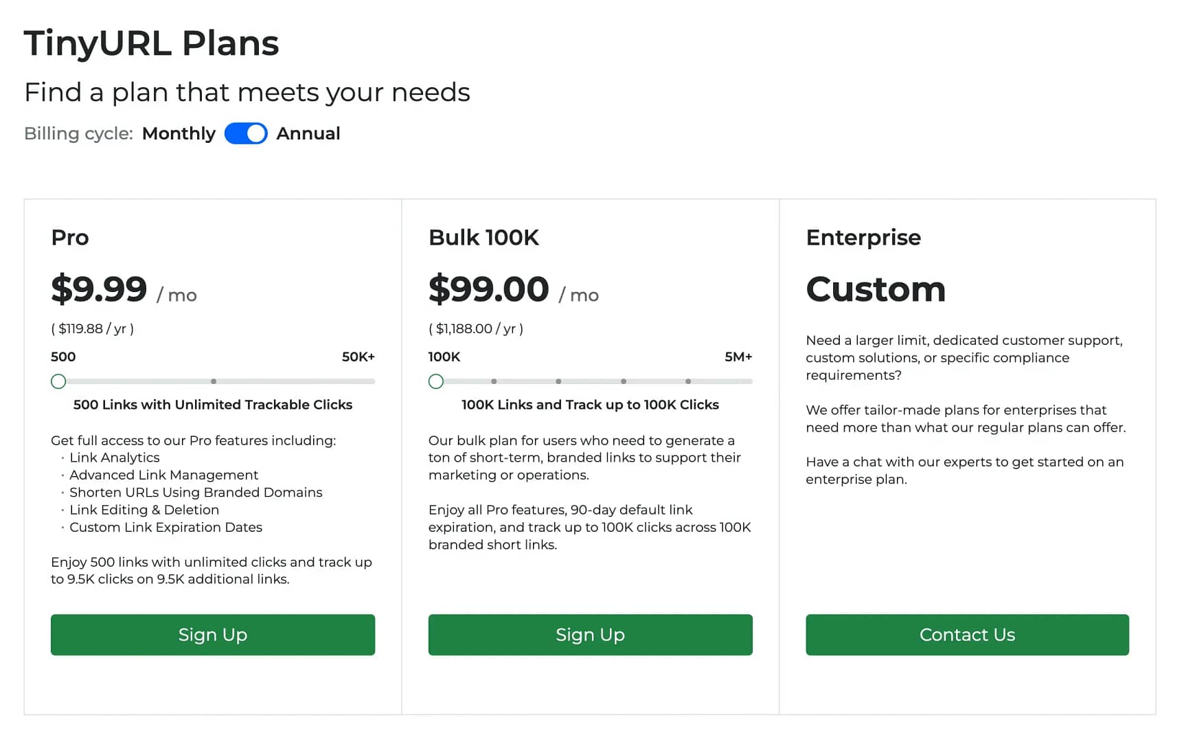 TinyURL pricing plans.