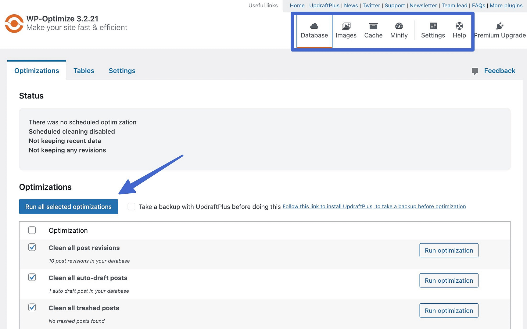WP Optimize dashboard from our comparison of WP Optimize vs WP Super Cache.