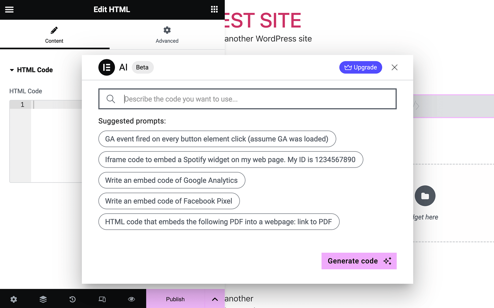 Elementor AI suggested prompts for the HTML widget.