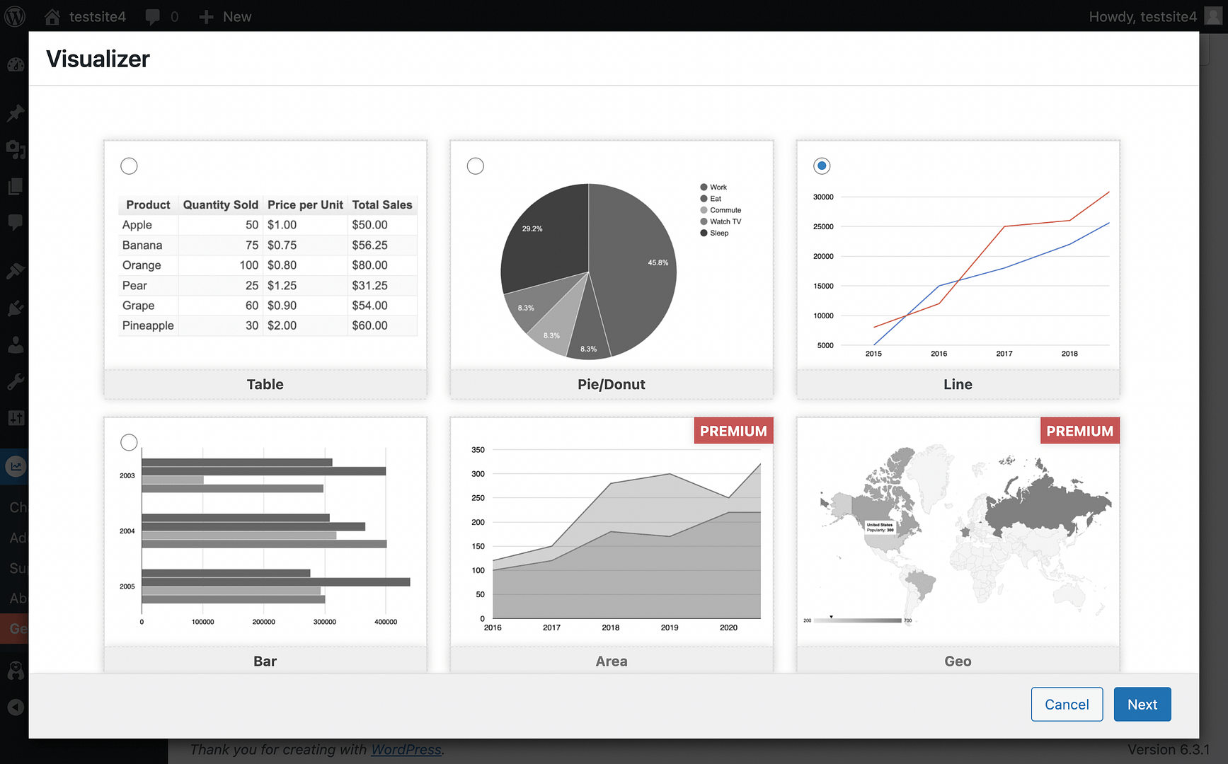 Chart options in the Visualizer plugin.