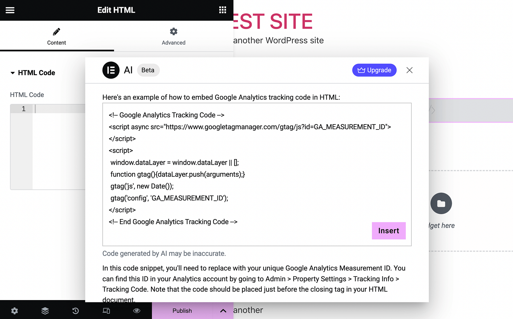 Generating code using Elementor AI in the HTML widget.