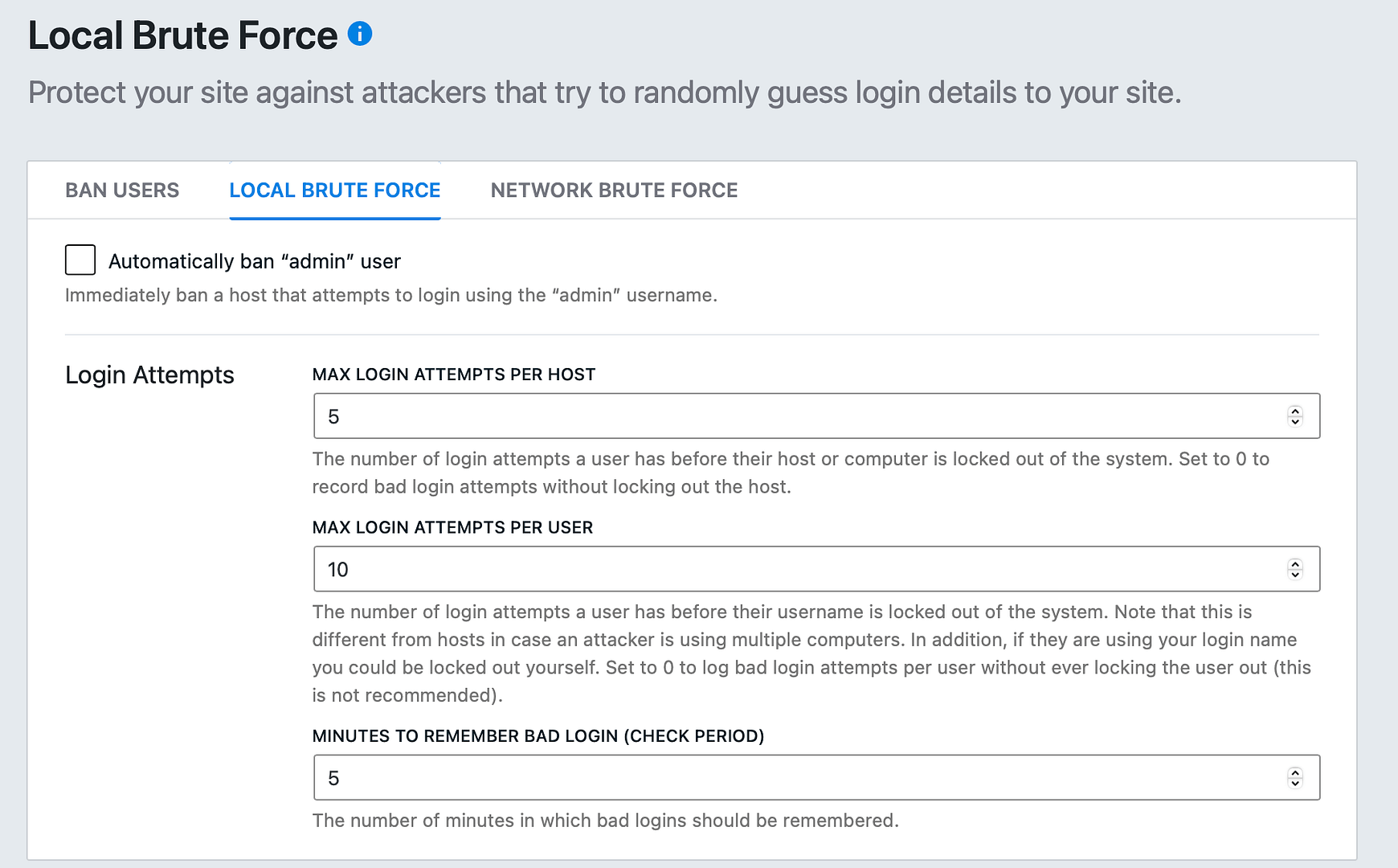 iThemes brute force protection settings.