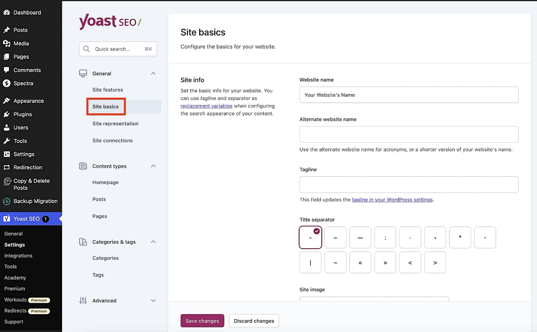 The Yoast SEO site basics screen.
