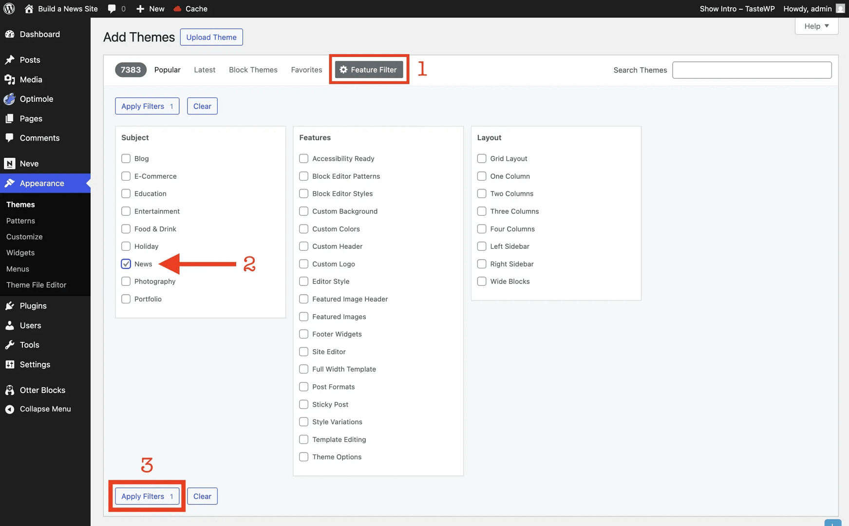 Using the Feature Filter in wp admin to search for news themes.
