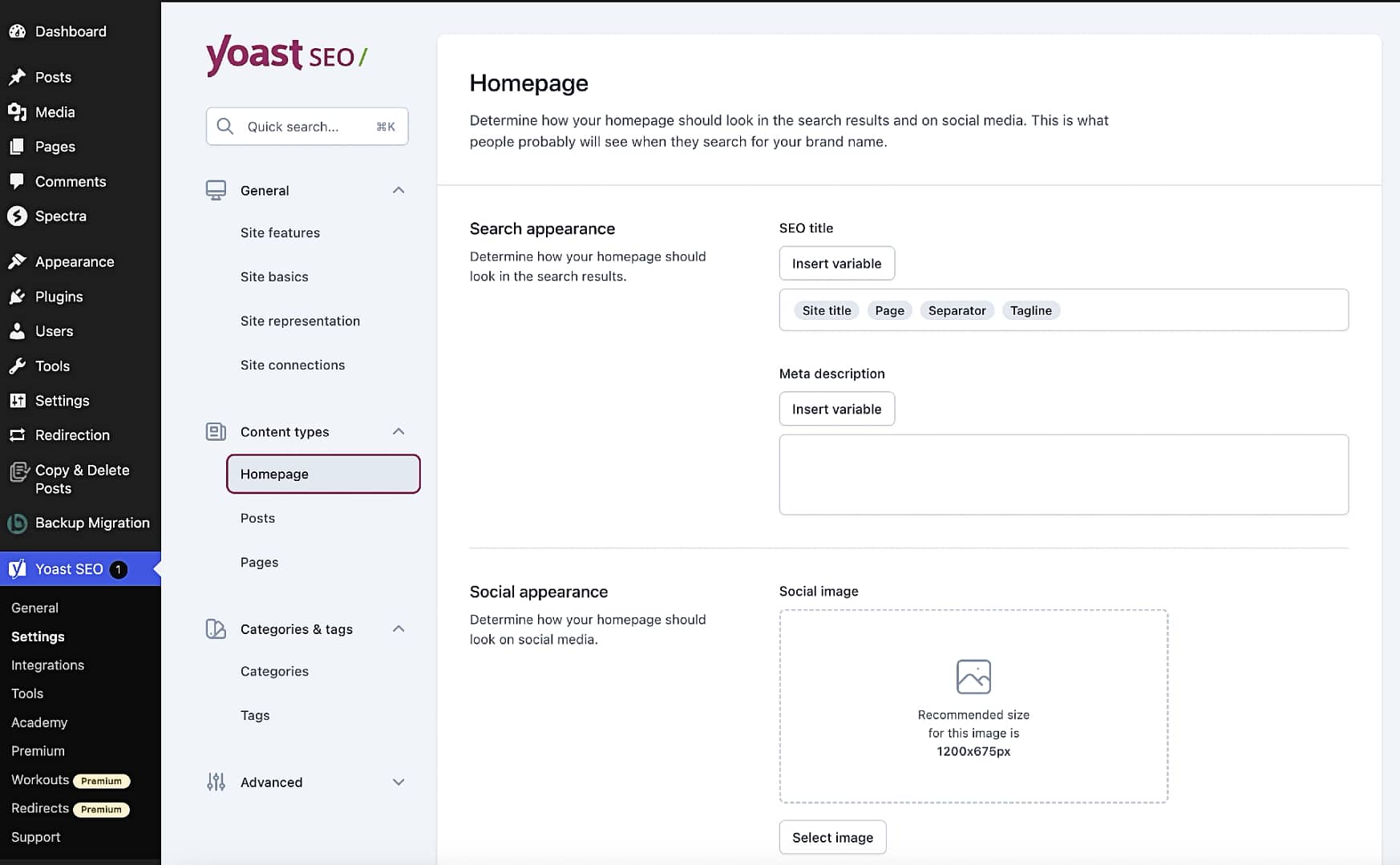 The Yoast SEO settings screen.
