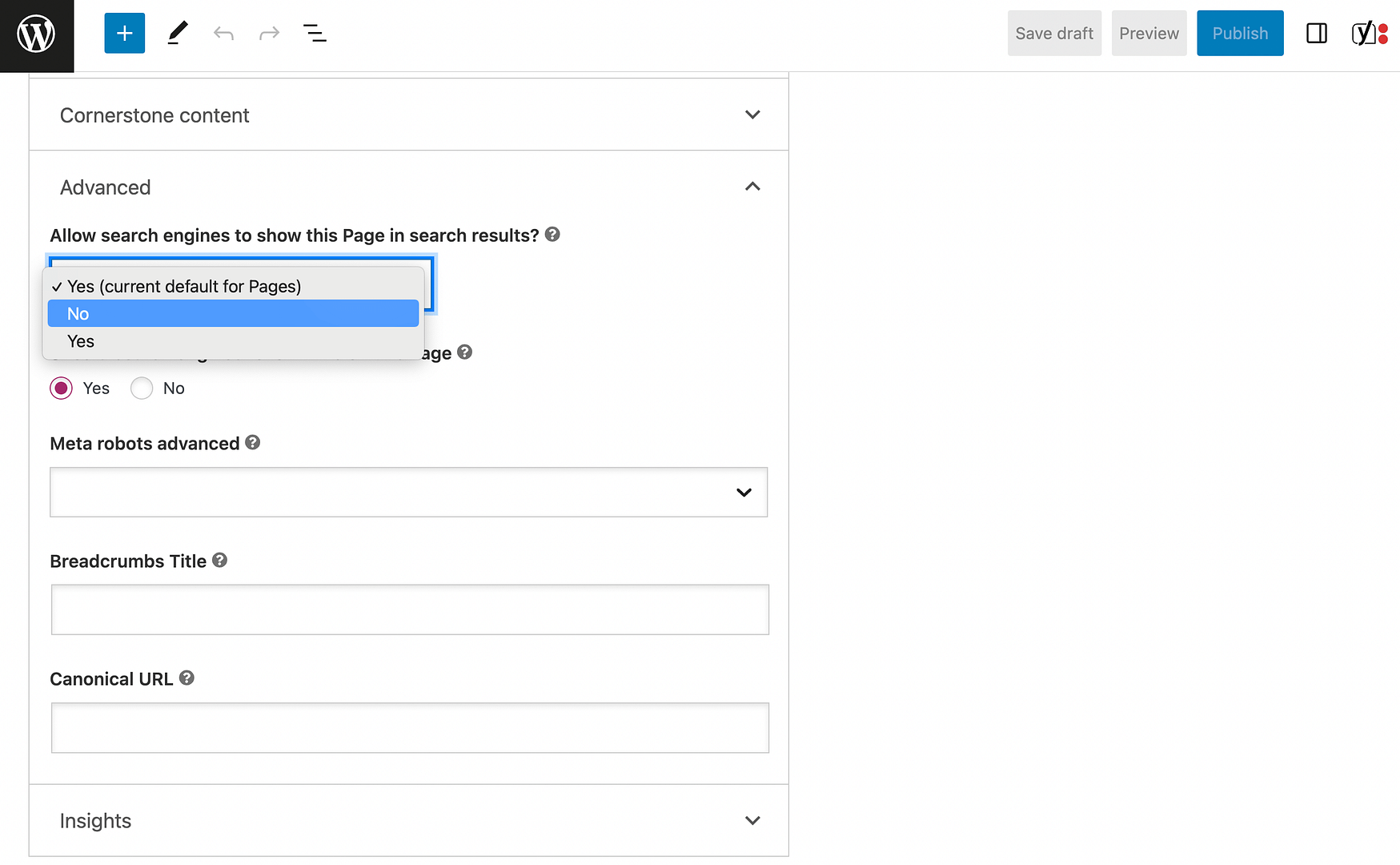 Enabling the no index WordPress page feature in Yoast SEO.