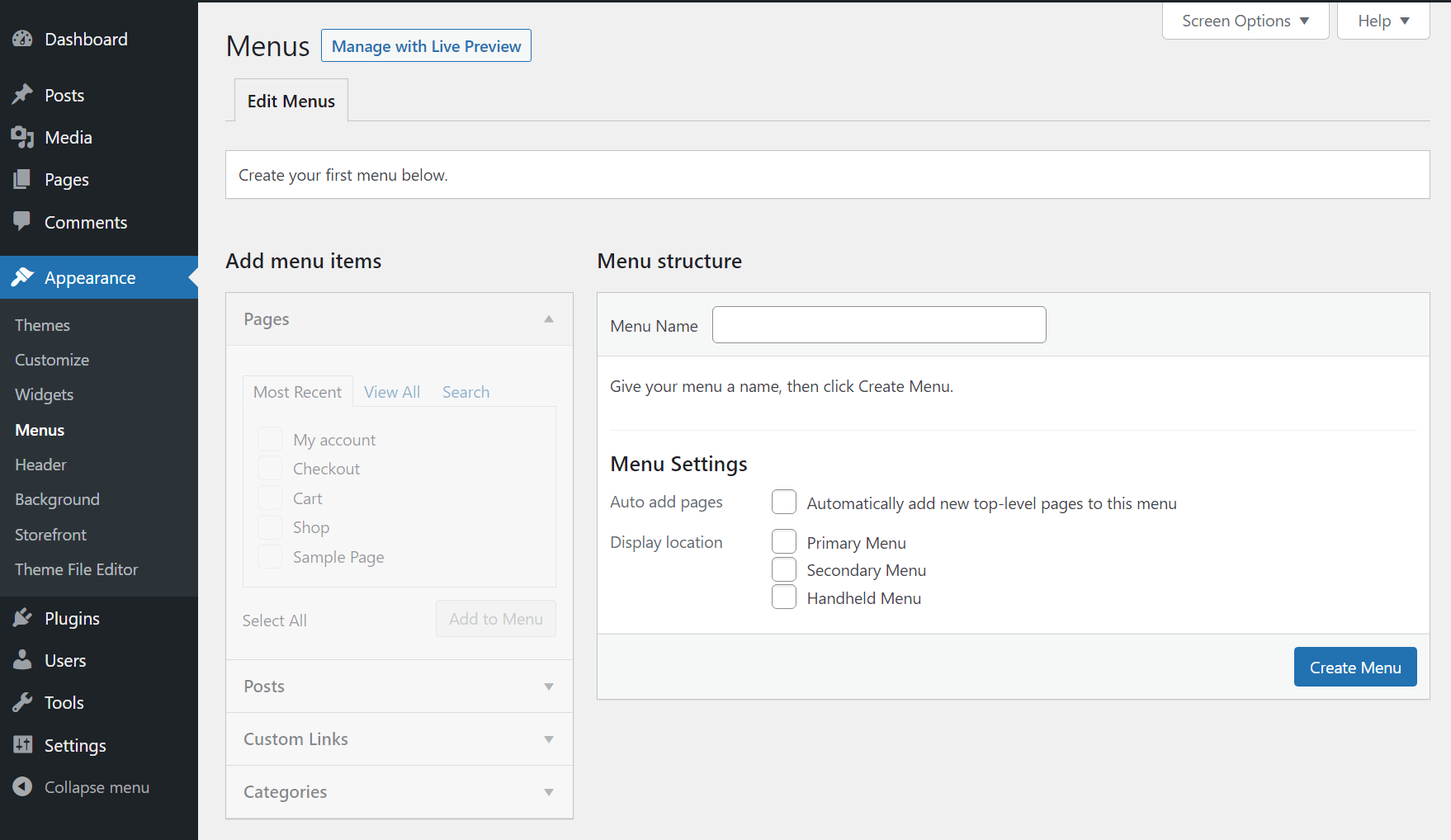 WordPress menu settings.