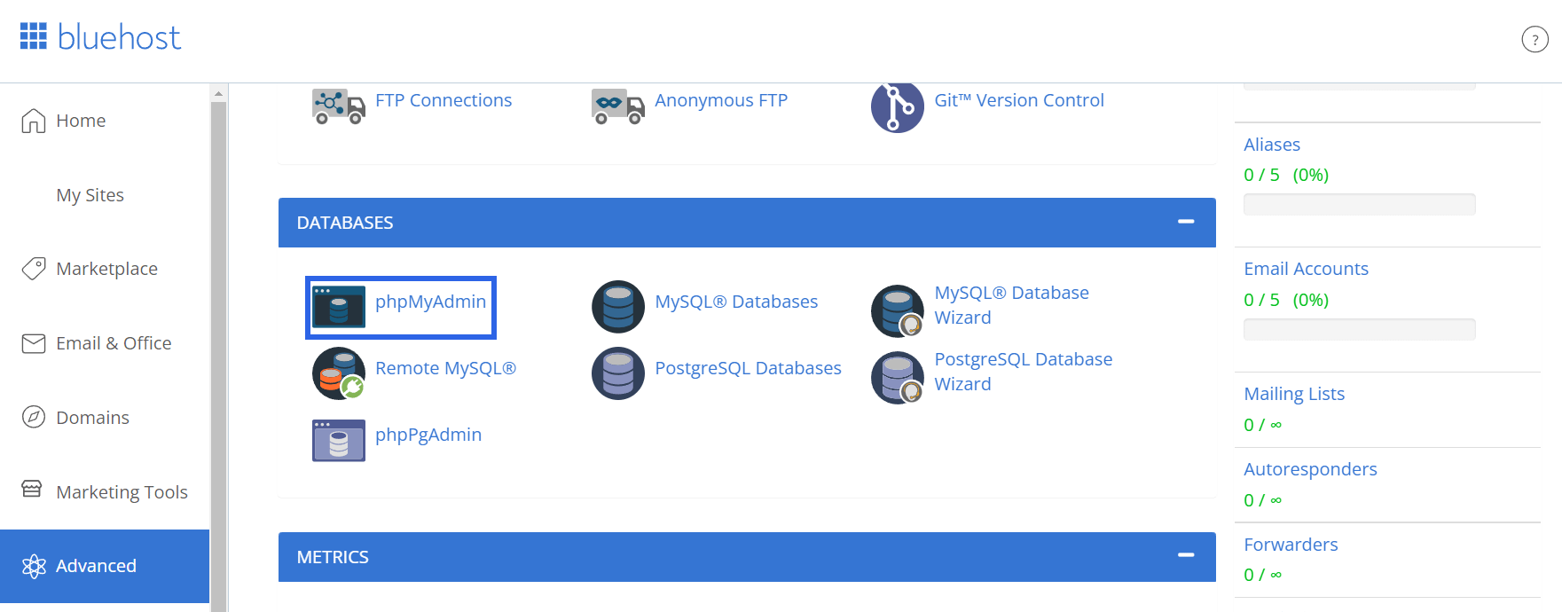 Accessing the phpMyAdmin tool via the Bluehost control panel. 