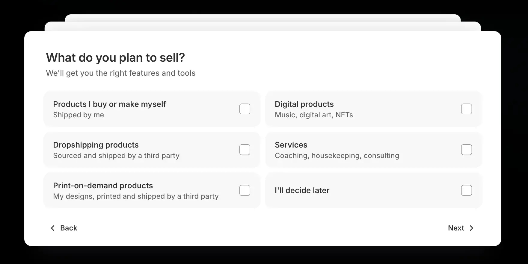 Shopify startup wizard third question