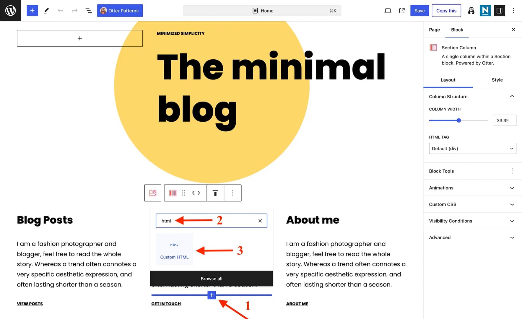 Finding the custom HTML block inside the WordPress block editor.