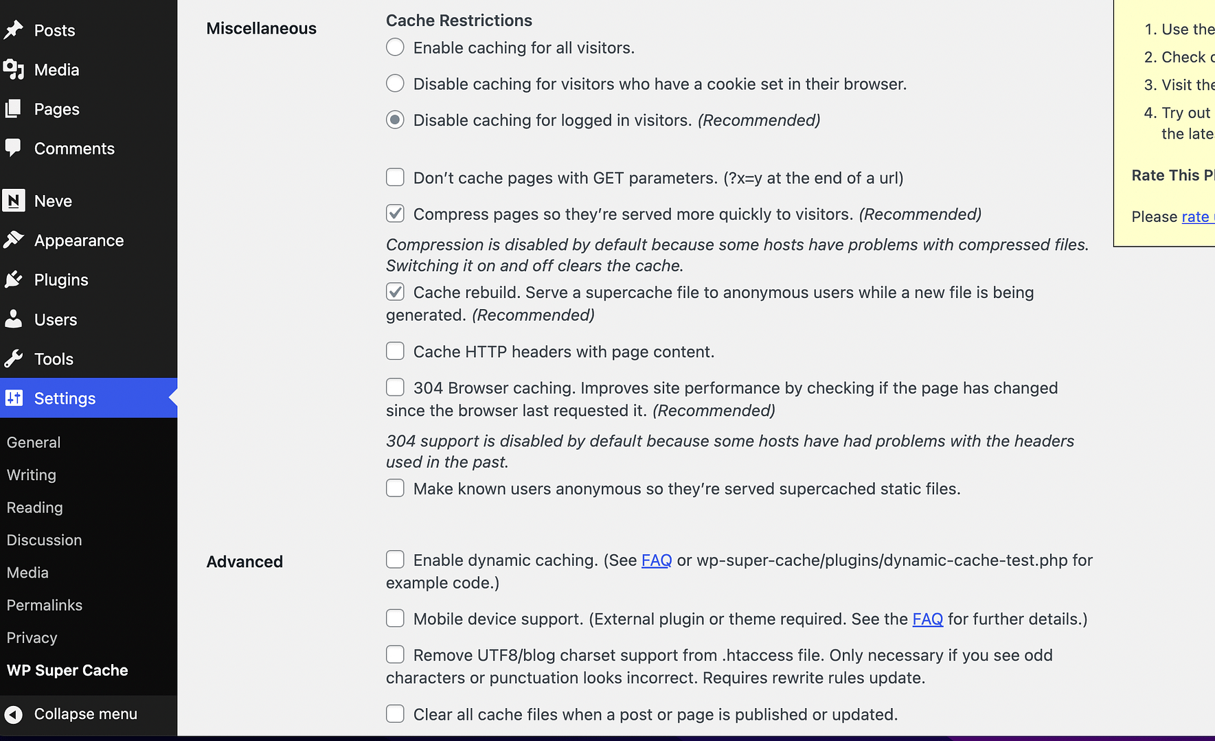 Miscellaneous and Advanced Settings for WP Super Cache.