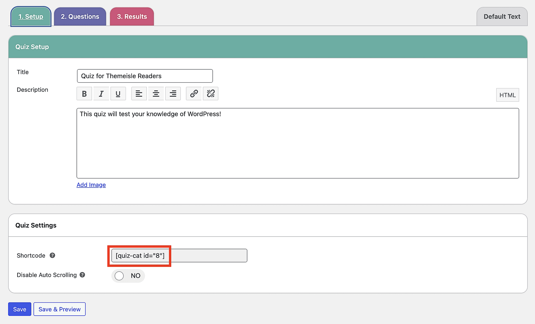 Copying the quiz shortcode from the interface.