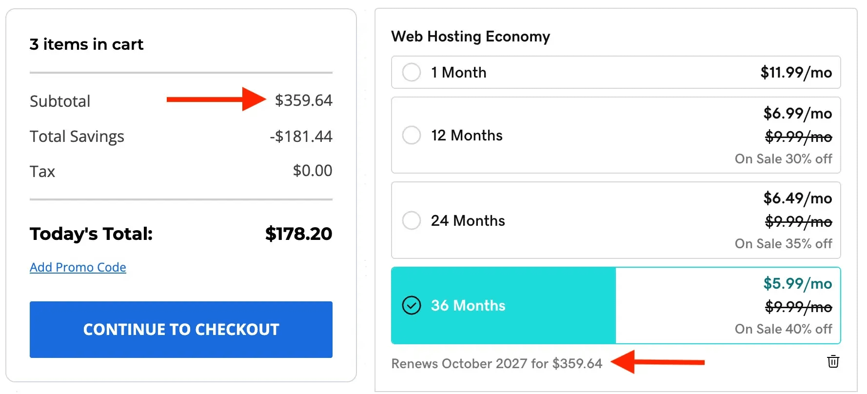 Showing that the renewal rate on a three-year contract with both Bluehost and GoDaddy is the same.