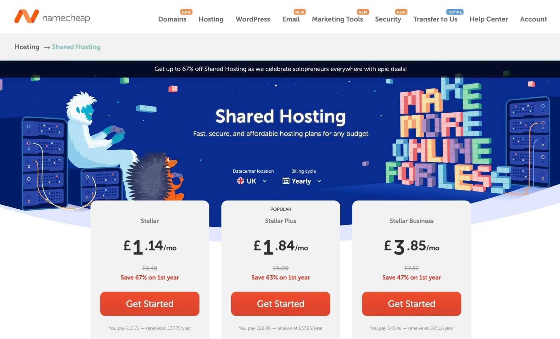 Namecheap UK version hosting page.