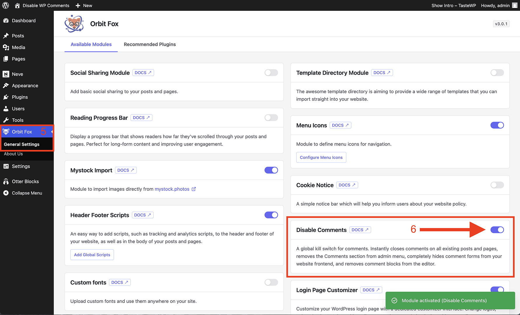 Disable Commens in WordPress with OrbitFox