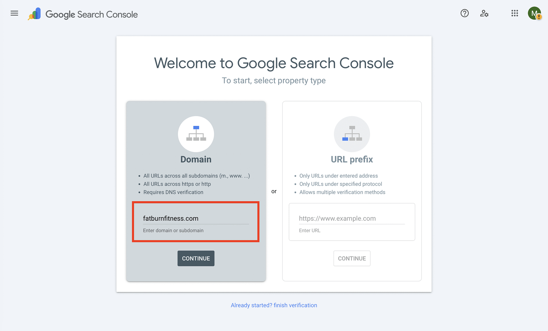 First step in registering a website in Google Search Console
