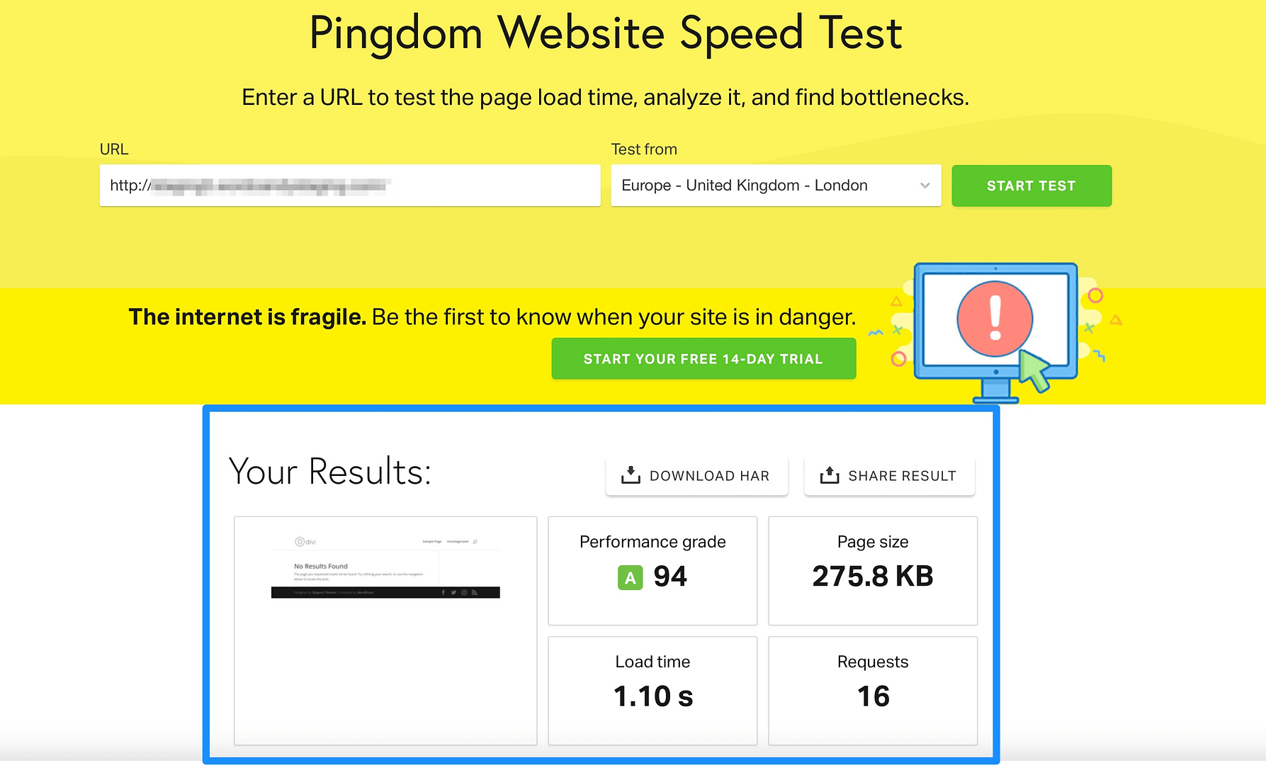 Pingdom website speed test results that we conducted as part of our Divi theme review.