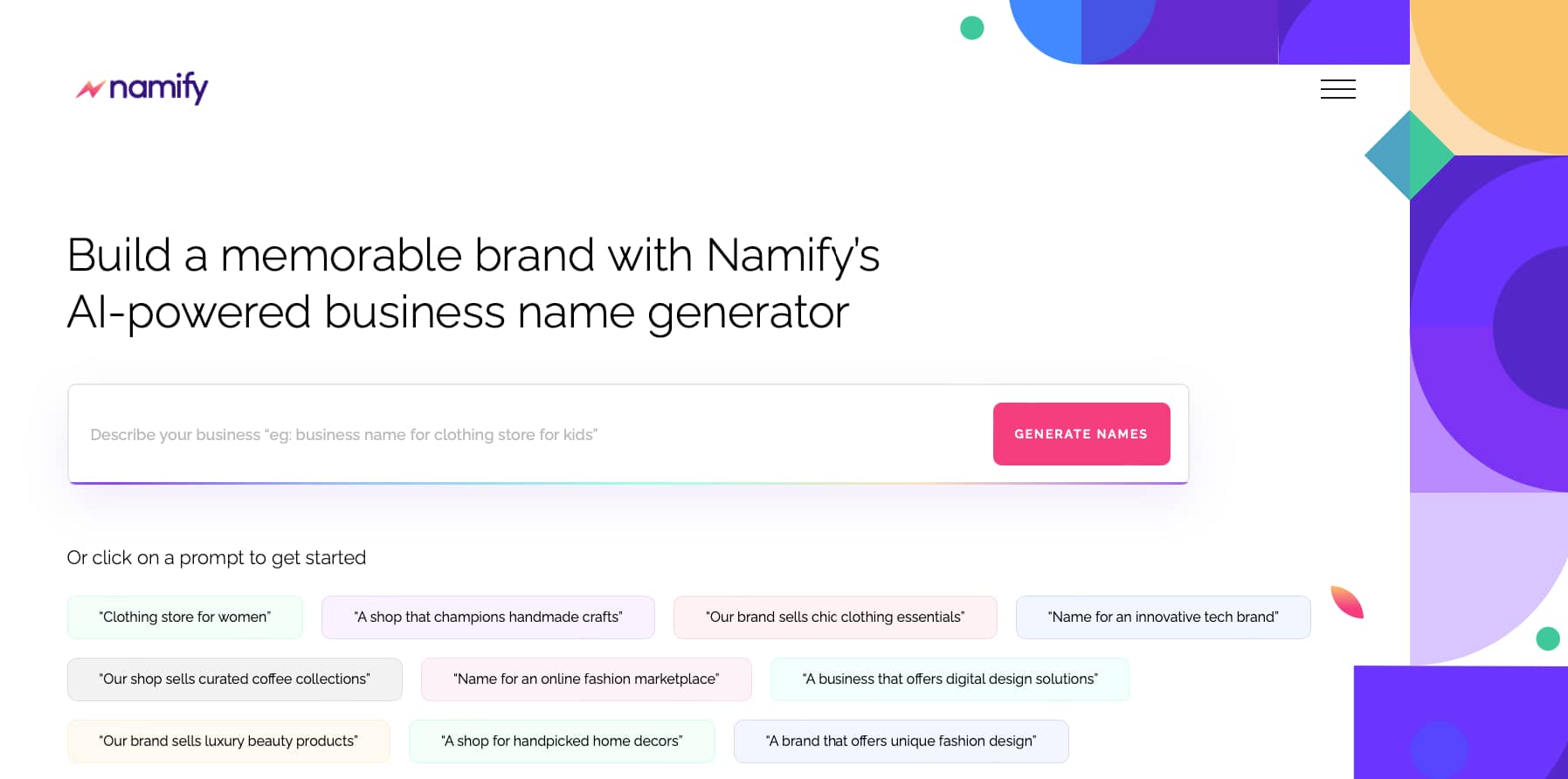 An image of Namify Business Name Generator Page