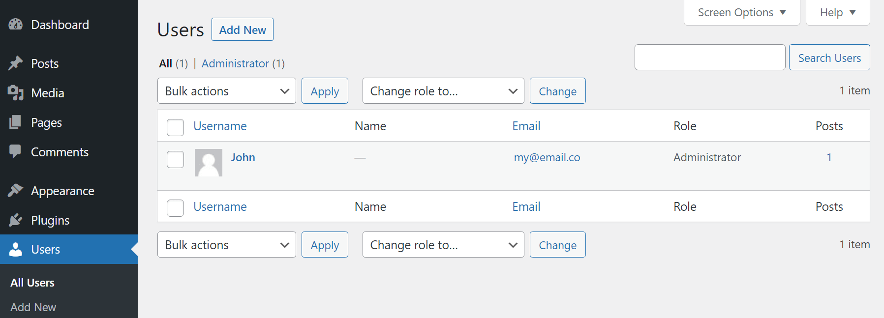 WordPress user settings.