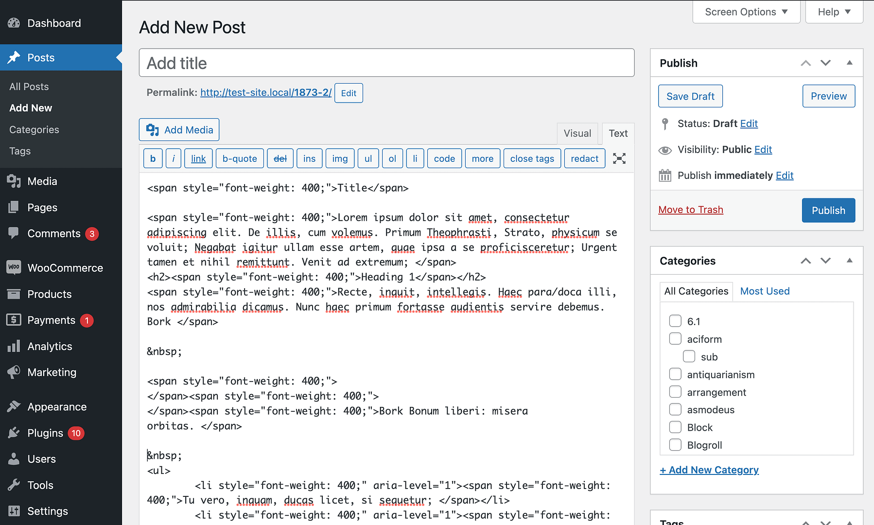 The Classic Editor's Text editor.