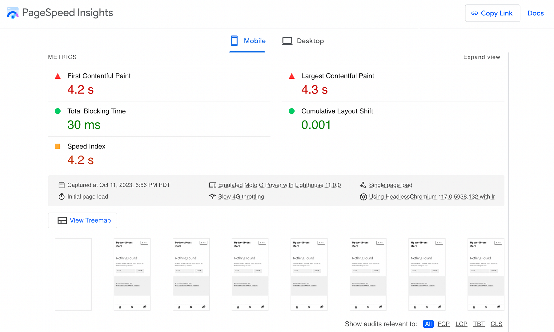 Baseline core web vitals scores for a WordPress staging site.