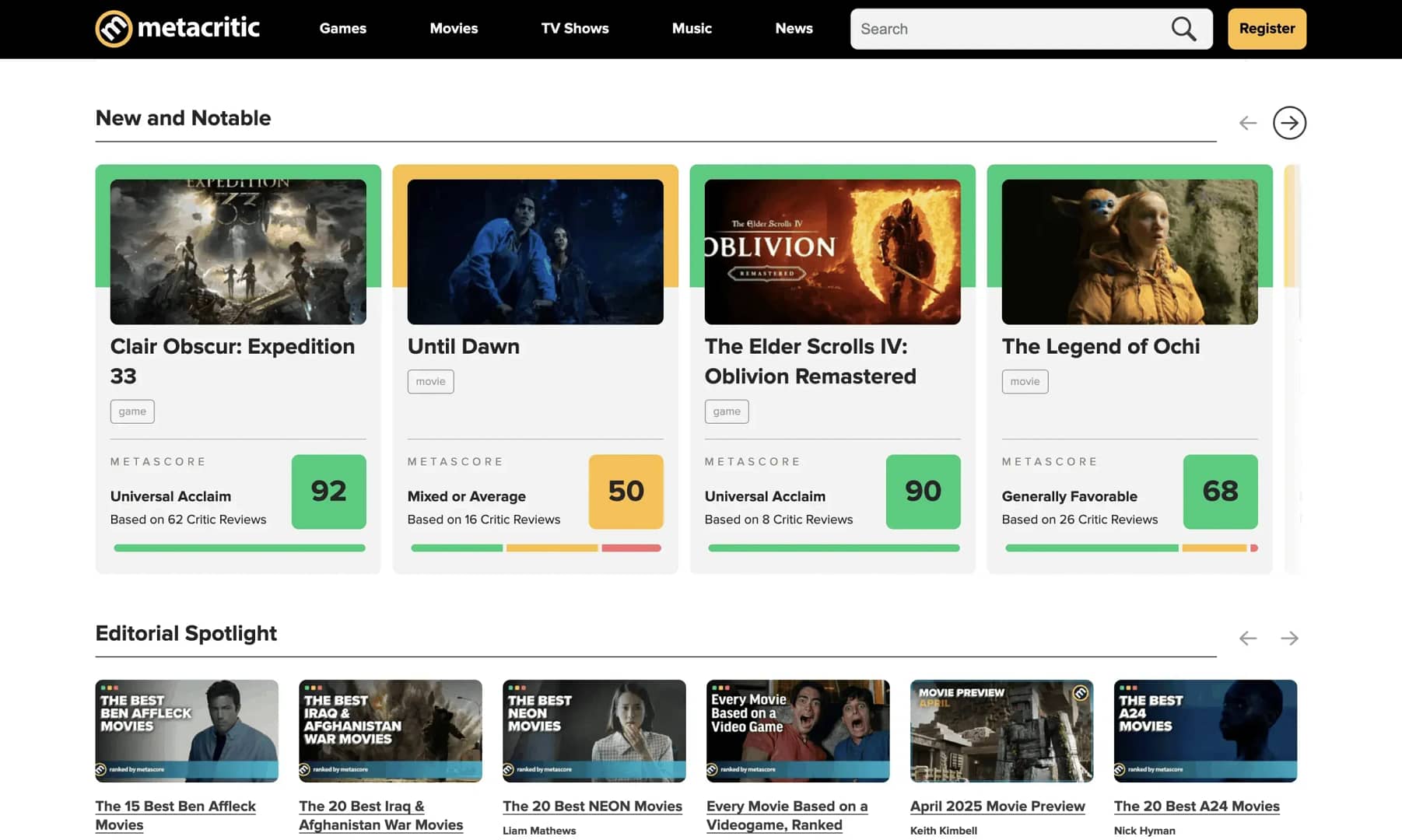 Metacritic homepage.