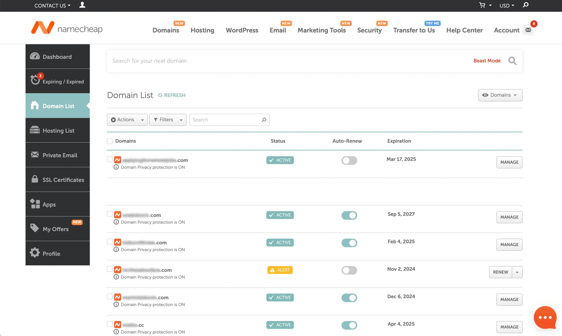 Namecheap's Domain List section.