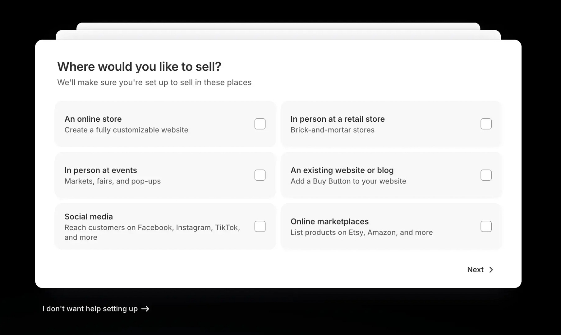 Shopify startup wizard first question