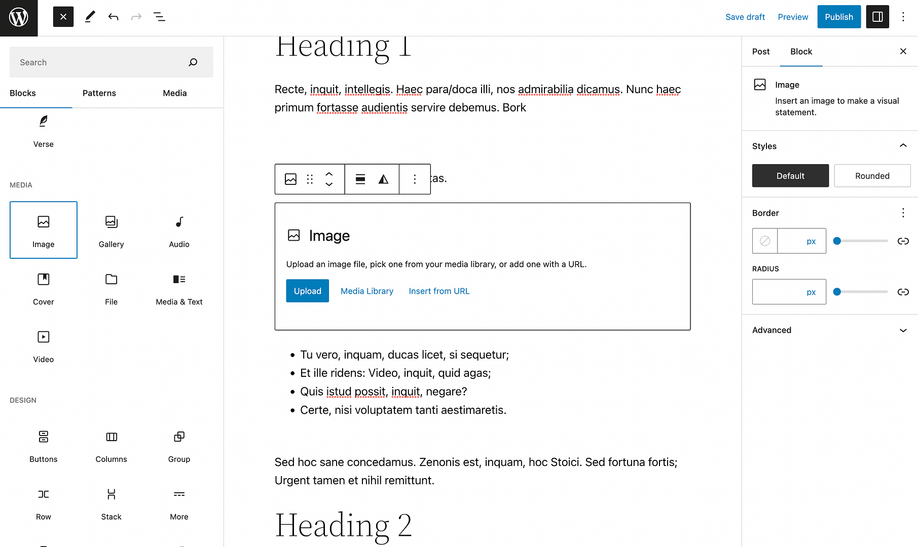 Adding an image block in WordPress.