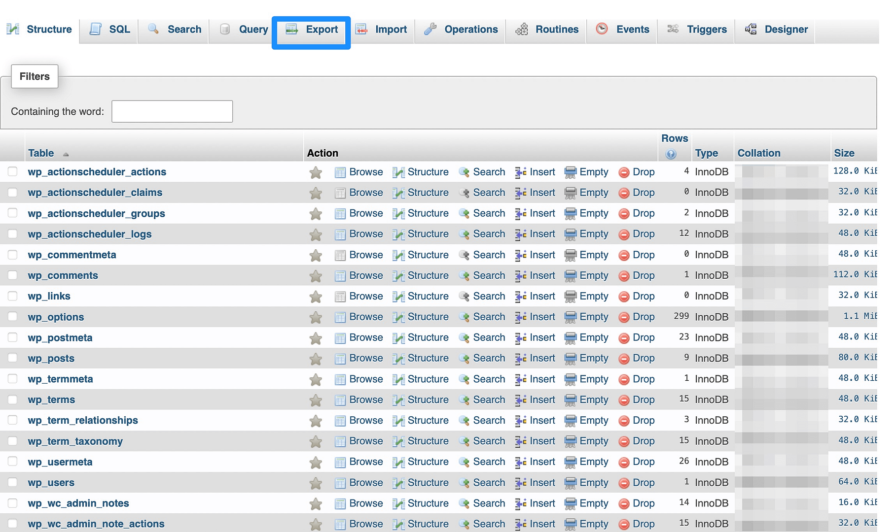 Export a WordPress database backup using phpMyAdmin.