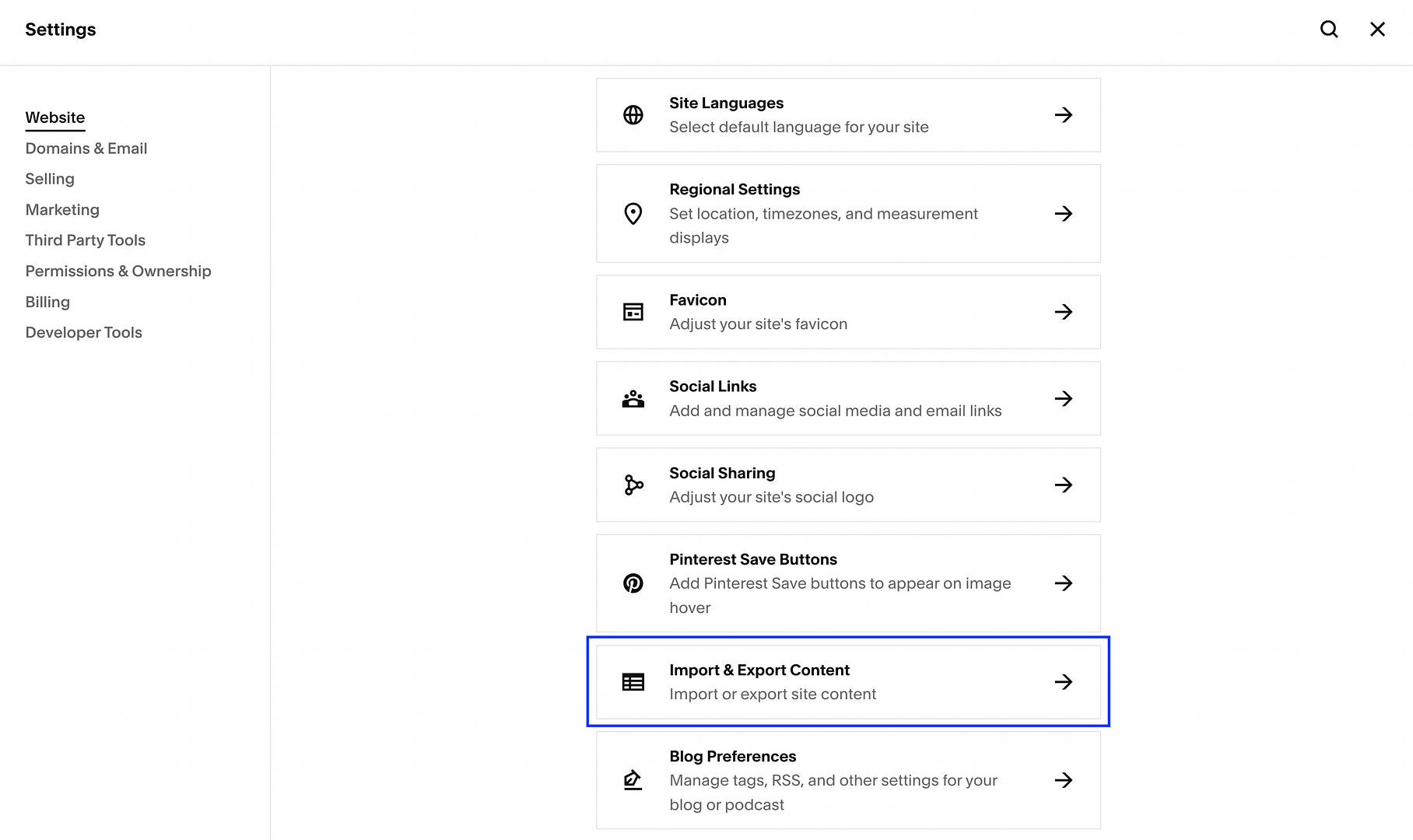 The Import & Export Content option in Squarespace Settings