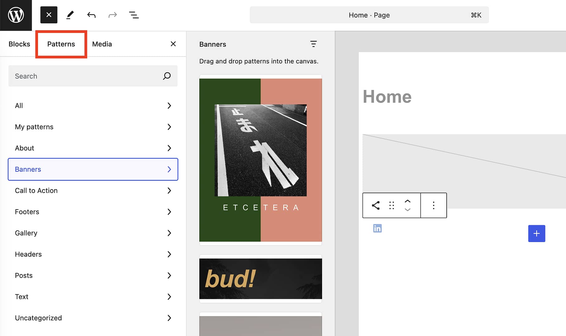 Choosing a block pattern inside the block editor.