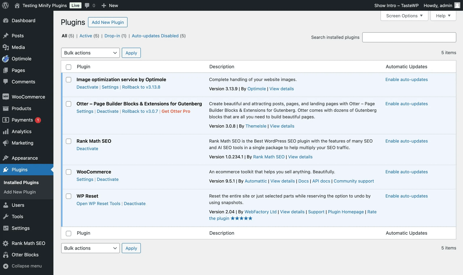 The 5 plugins we installed as shown in the WordPress dashboard.