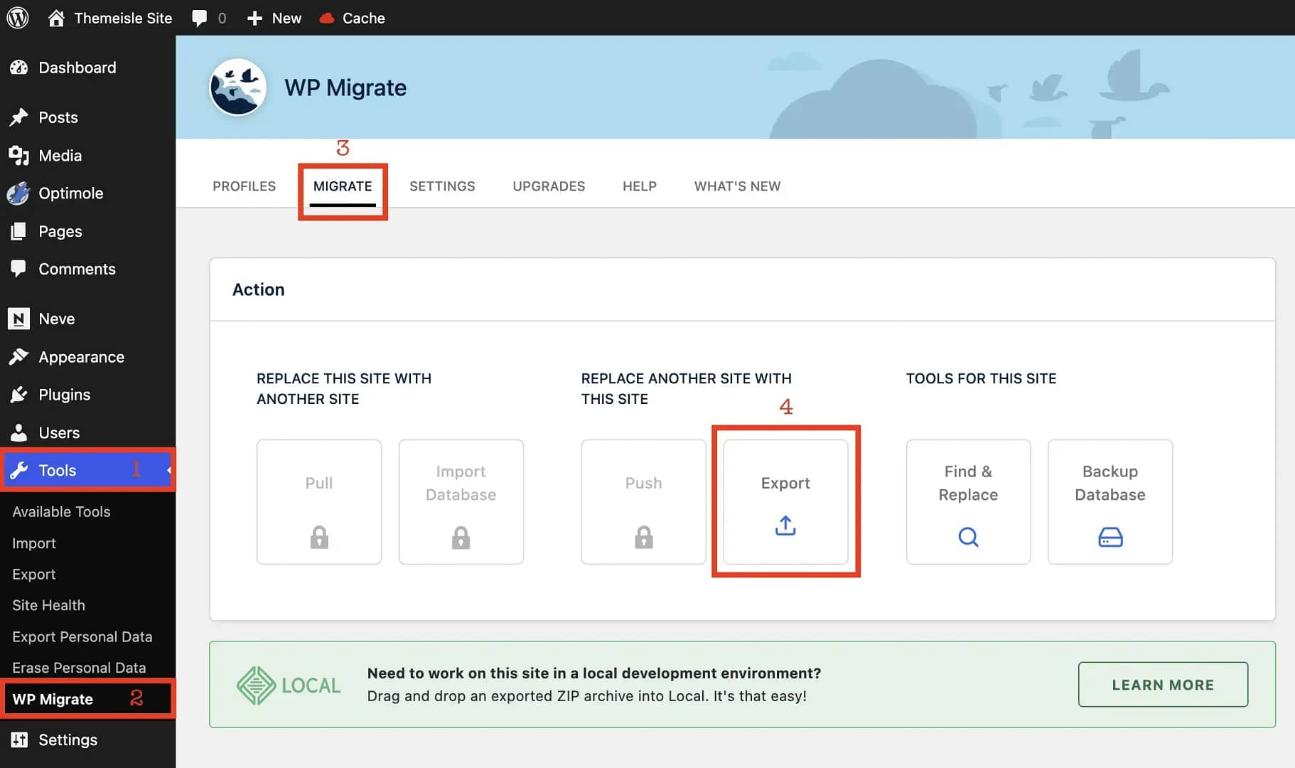 Using the WP Migrate plugin to export WordPress database.