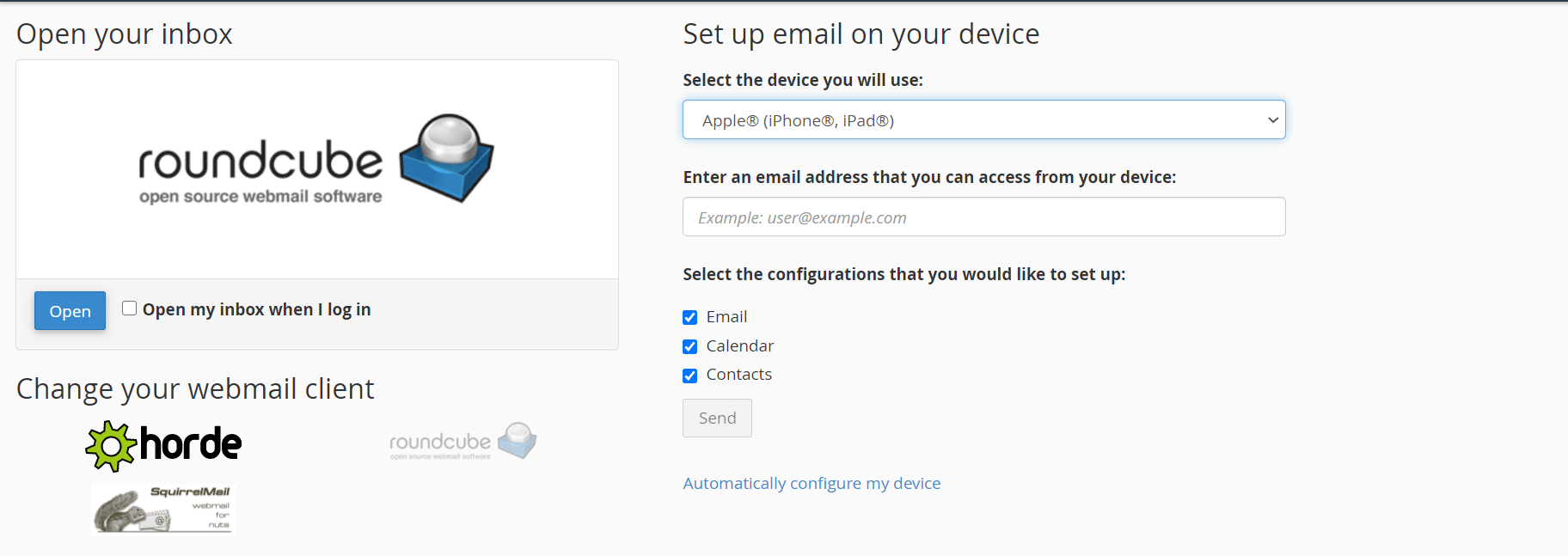 Выбор способа получения электронной почты через Bluehost.