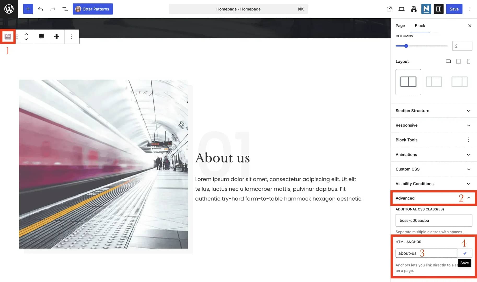 Adding anchor text to a section on one page layout
