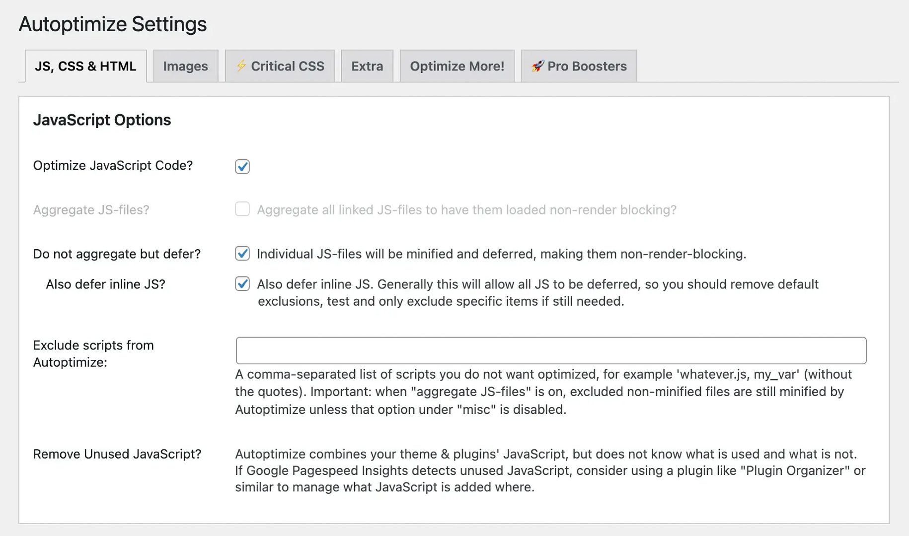 Autoptimize settings inside the WordPress dashboard.