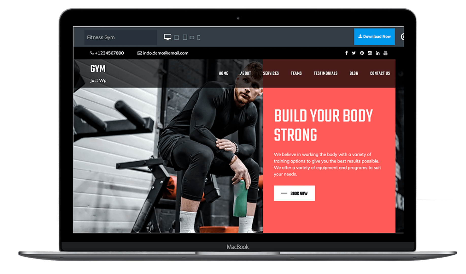 Bootstrap Fitness theme laptop mockup.