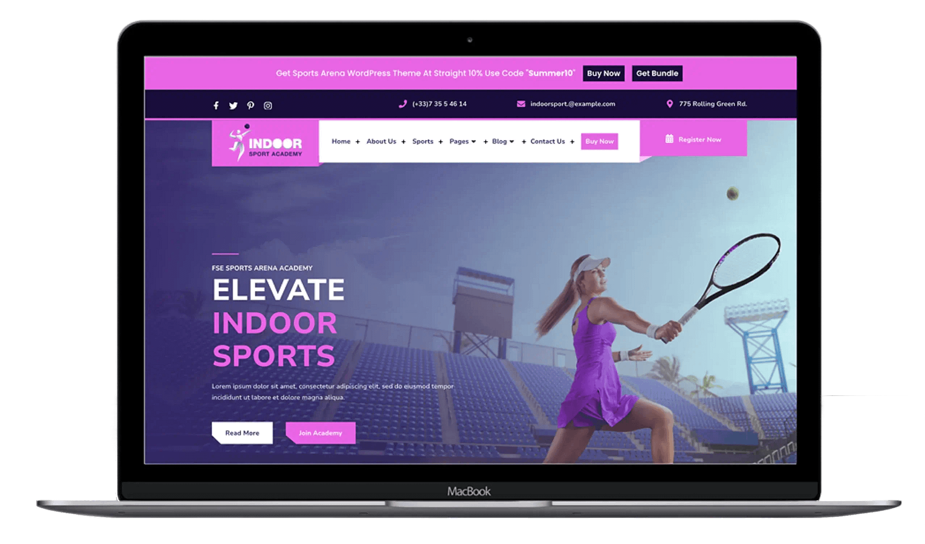 FSE Sports Arena theme laptop mockup.