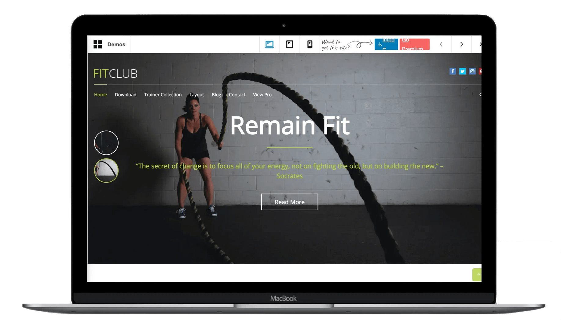 FitClub theme laptop mockup.