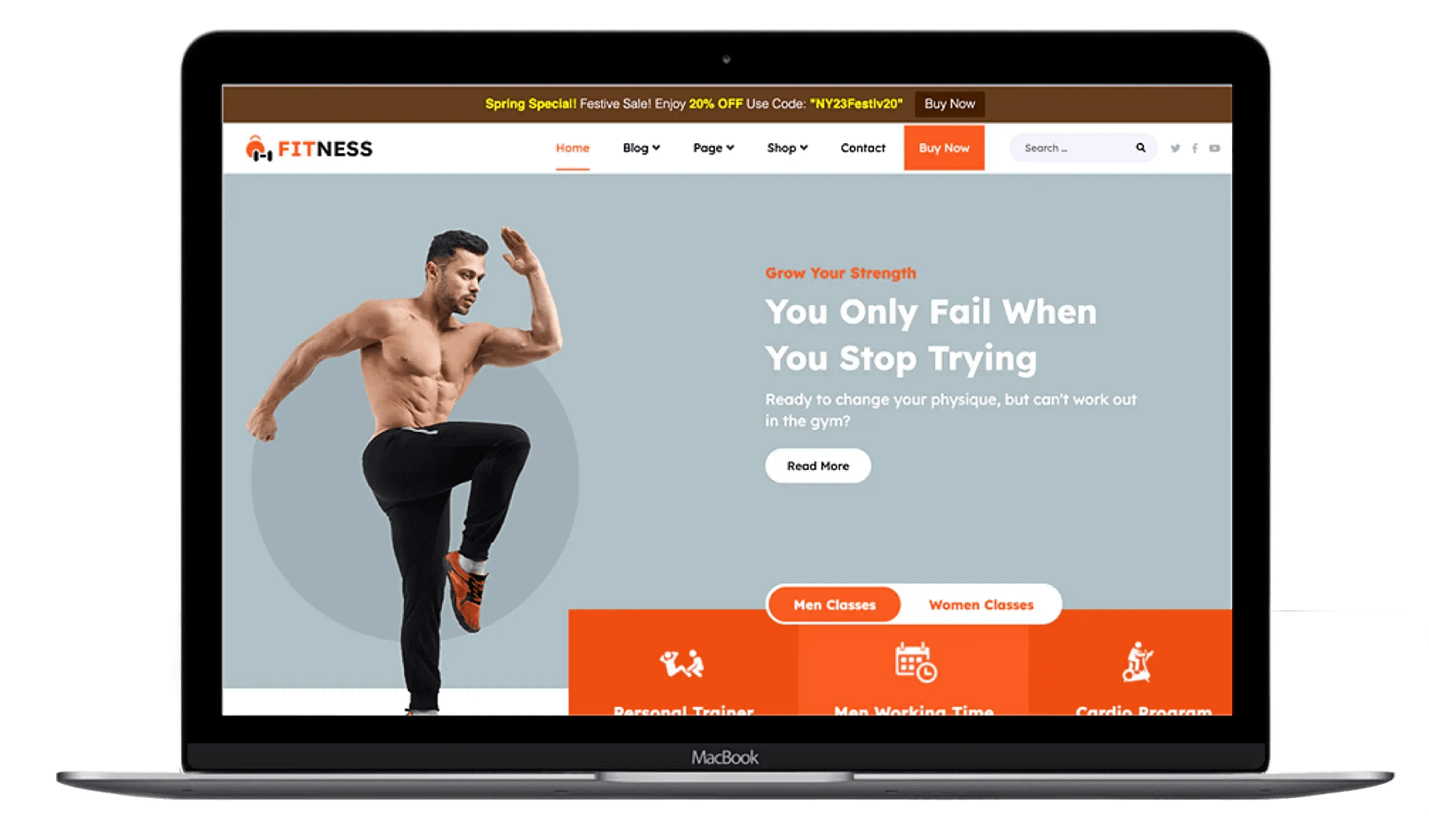 Fitness Exercise Hub theme laptop mockup.