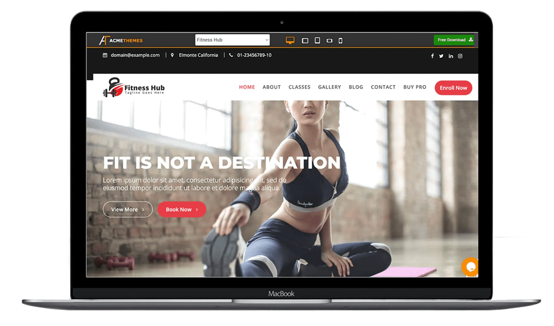 Fitness Hub theme laptop mockup.