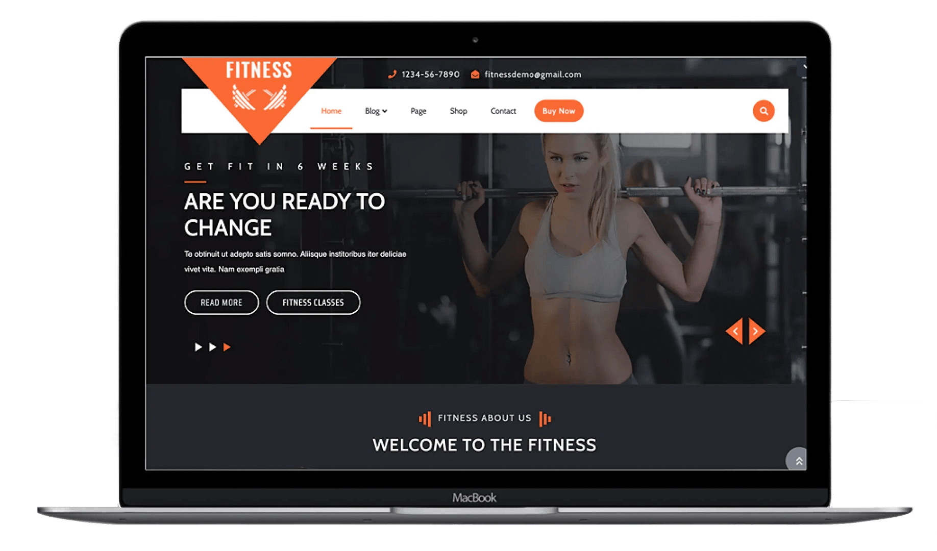 VW Fitness Gym theme laptop mockup.