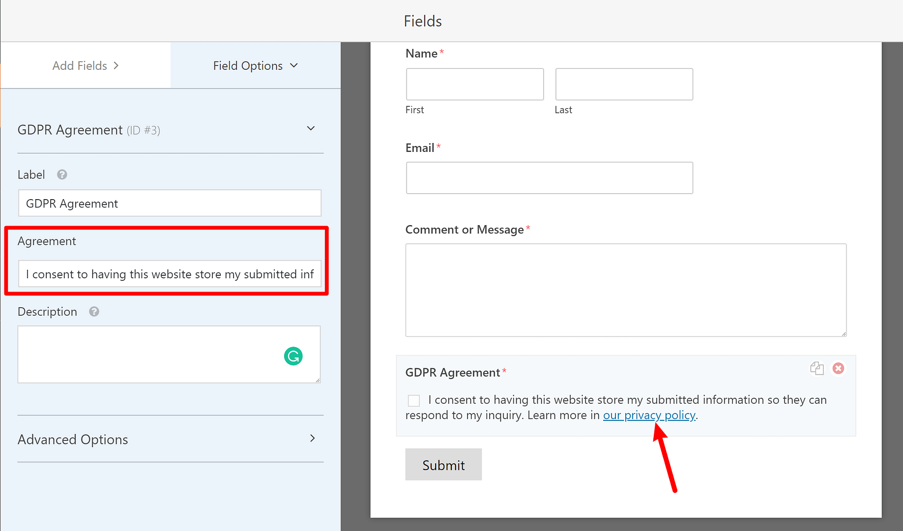 Edit GDPR Agreeement field