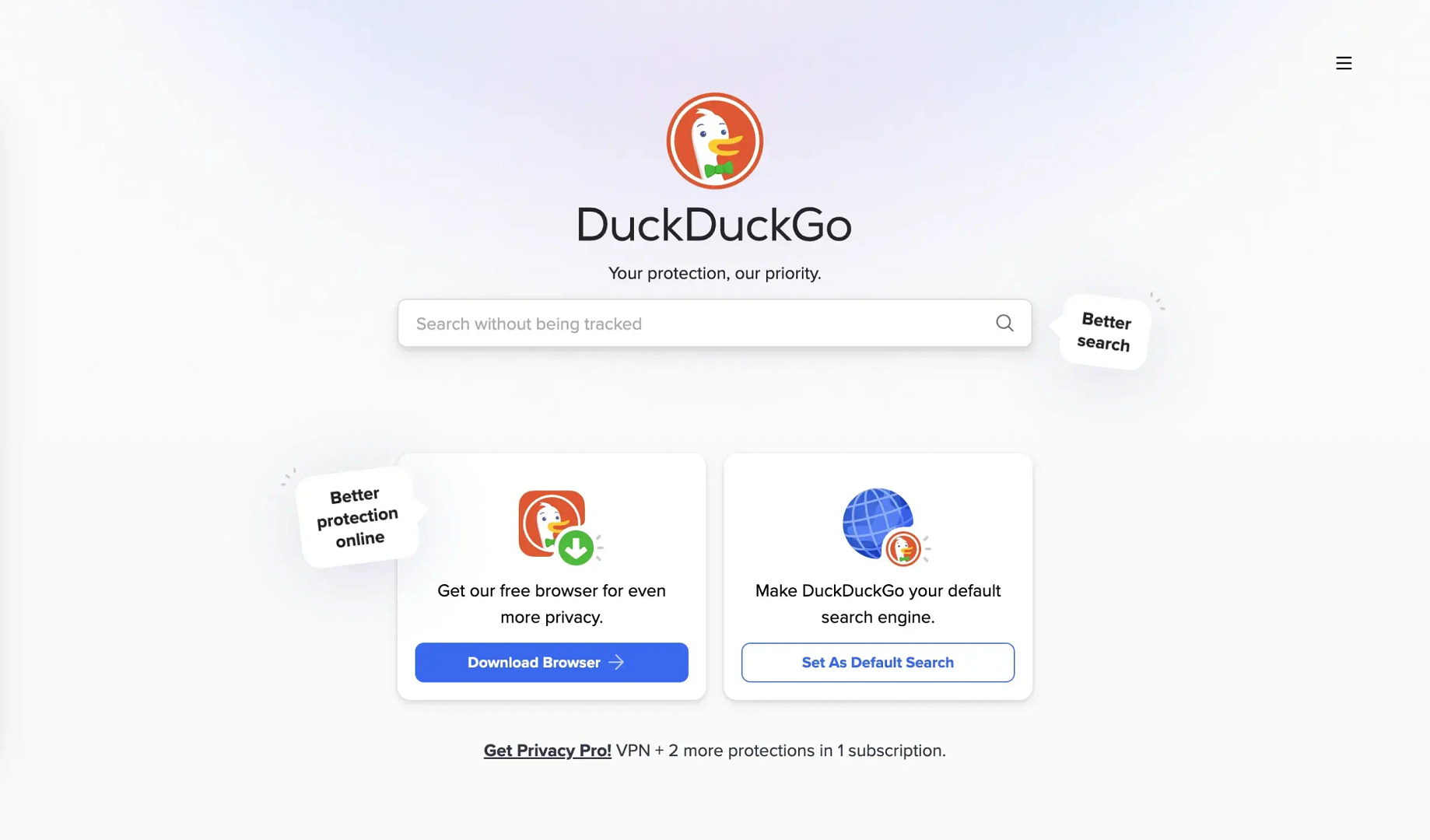 DuckDuckGo homepage.